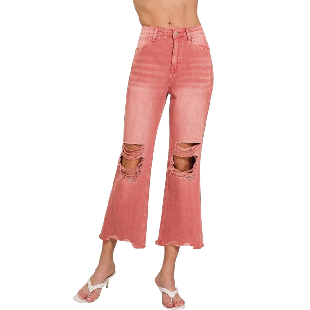 Zenana Trendy Coral Distressed Women's Flare Jeans